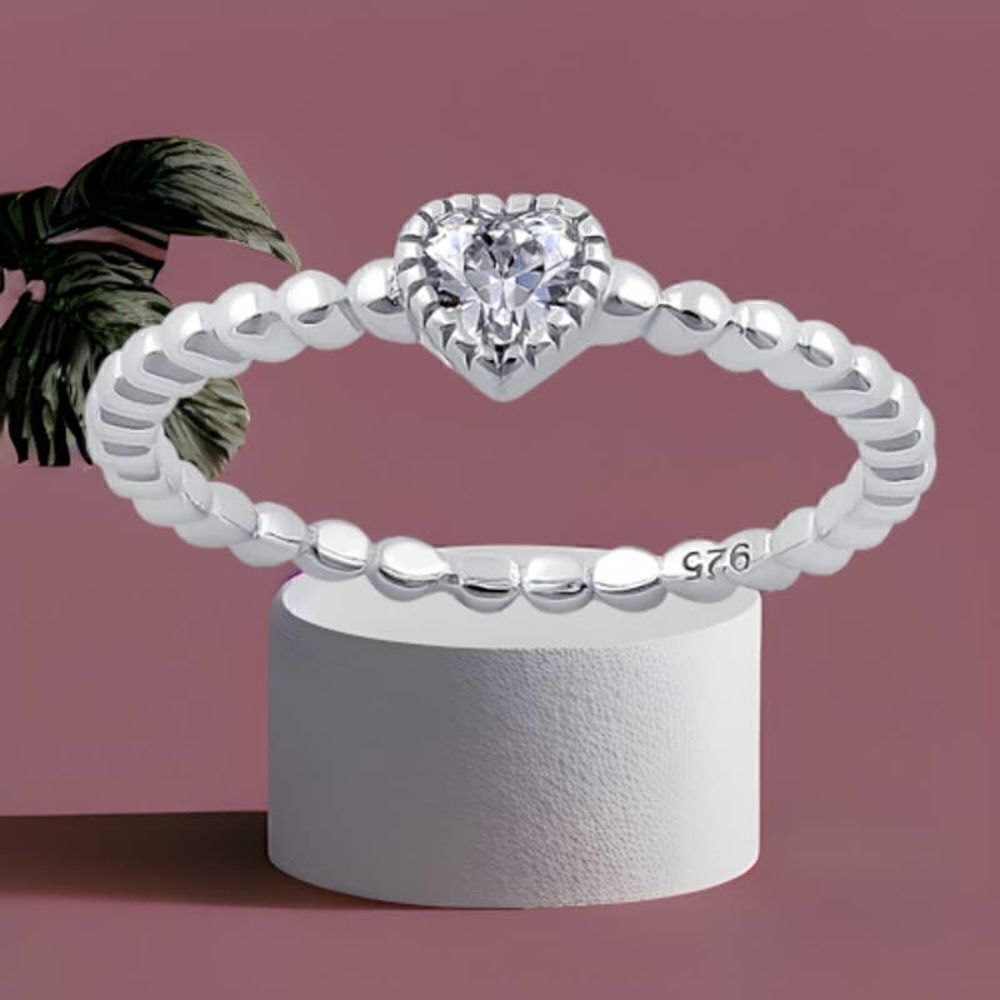 Sterling Silver Beaded Clear Heart CZ Ring 6,7